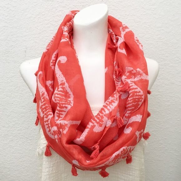 Seahorse Print Tassel Trim Orange Infinity Scarf, nwt - Picture 1 of 5